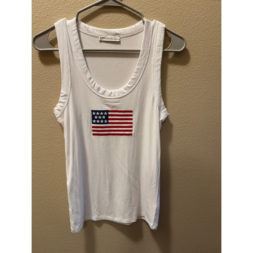 Zenana White Ribbed Tank Top American Flag Embroidered Patch Women Medium
